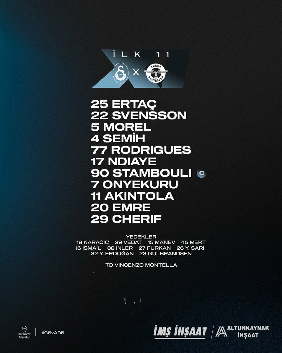 Galatasaray karşısında 𝗶𝗹𝗸 11'imiz! 👊
#GSvADS