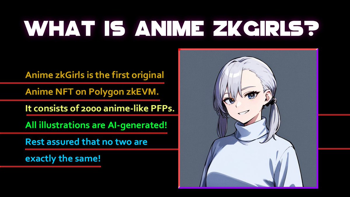 AnimezkGirlsNFT's tweet photo. 👋Hello Polygon zkEVM‼️

📢We are thrilled to announce the launch of our new NFT collection on Polygon zkEVM‼️

Anime zkGirls will be the first Anime PFP NFT collection on Polygon zkEVM‼️

🔔Follow and hit on notifications to stay updated‼️
#NFTMinting #PolygonzkEVM #Polygon #NFT https://t.co/TXP1KyHM7I