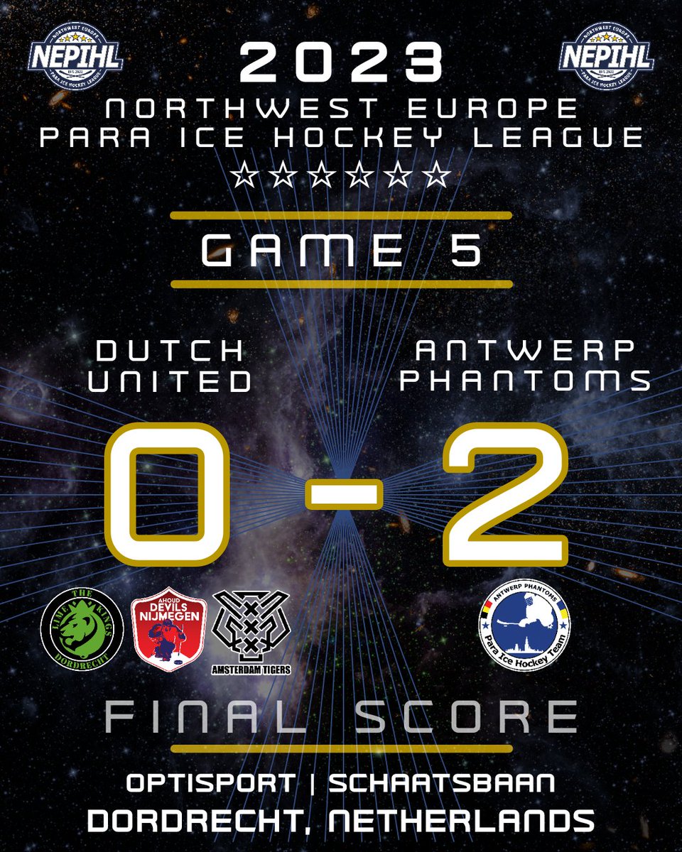 🚨 GAME 5 FINAL SCORE 🚨

Dutch United - 0
Antwerp Phantoms - 2

#NEPIHL #ParaIceHockey