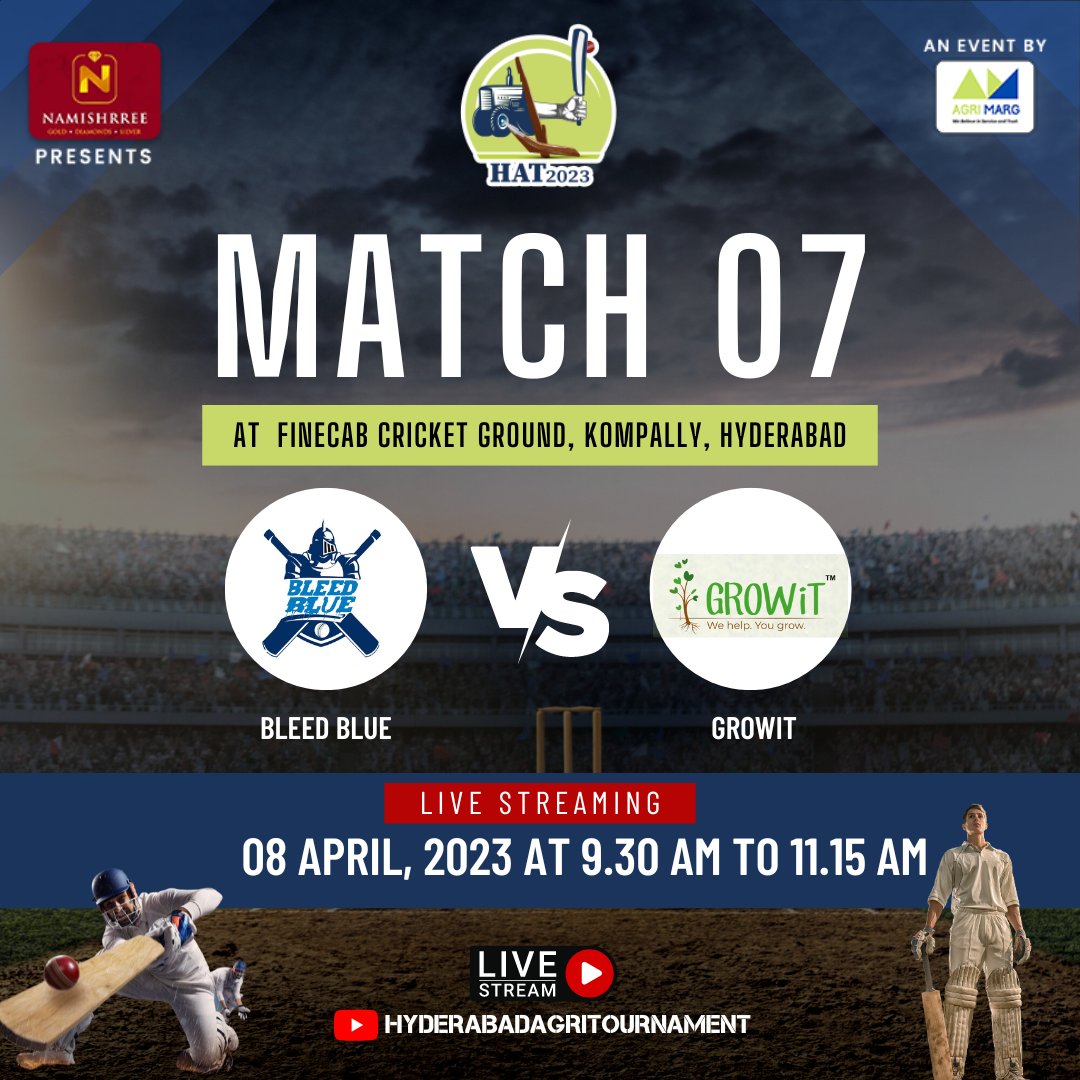 AgriTournament's tweet photo. Match 7: Team Bleed Blue and Team Grow it: It's time for the ultimate showdown between these two amazing teams! 

Watch live stream of each match 🏏
Click on the link below😍👇🏻
https://t.co/VoC7wH31gK

#hat2023 #agrimarg #hyderabad #BleedBluevsGrowIt #matchday https://t.co/aQ1Cx3zWOG