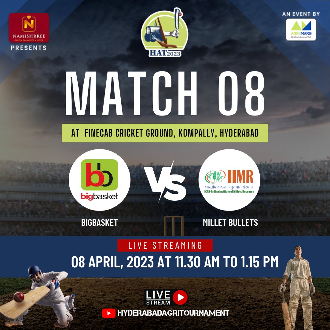 AgriTournament's tweet photo. Match 8: Team Big Basket and Team Millet Bullets: Join us as two powerhouse Teams take on each other in the ultimate test of skill and strategy! 
Watch live stream of each match 🏏
Click on the link below😍👇🏻
https://t.co/X1YIyaCqhv #agrimarg #hyderabad #BigBasketvsMilletBullets https://t.co/z6yvrTWKQb