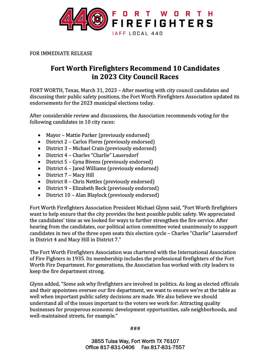 Please see the press release for the Fort Worth Professional Firefighters city council endorsements.