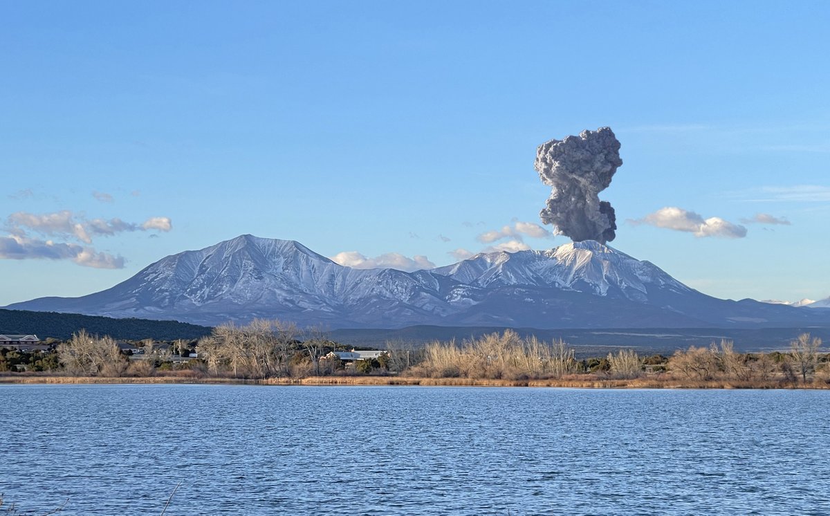 There was a small, brief eruption of West Spanish Peak in southern Colorado today at 6:55 AM MDT.  I shot this picture with my phone from a nearby state park.