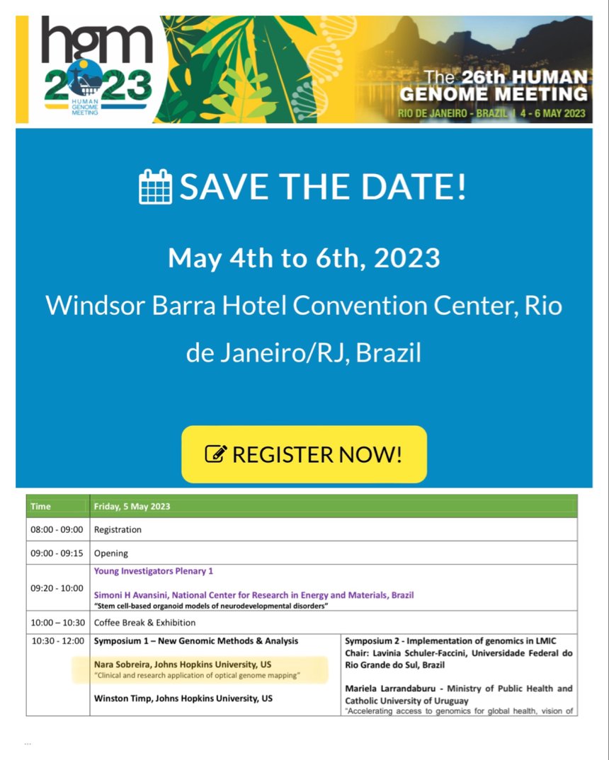 ciscojmd's tweet photo. $BNGO 📣🔥 Optical Genome Mapping being presented by John Hopkins at the Human Genome Meeting 2023 #Bionano #genomics #saphyr #OGM #HUGO #johnhopkins
May 4th to 6th, 2023
Symposium 1 – New Genomic Methods & Analysis Nara Sob... https://t.co/gl9EBrjcjT https://t.co/ji0482NP58