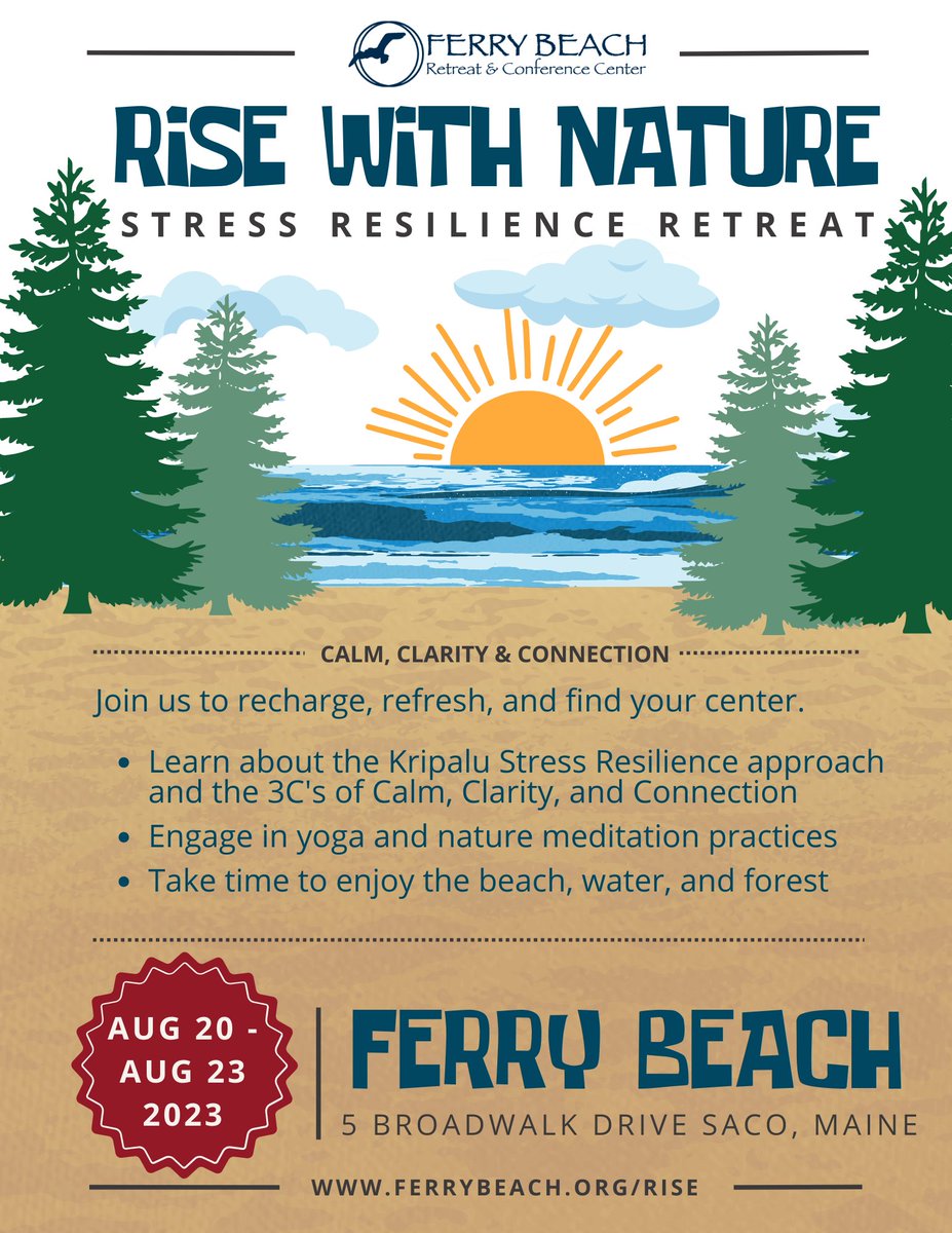 Join me this summer on the beach in Maine for a nature meditation and stress resilience retreat.

Date: August 20 - August 23
Location: Ferry Beach Saco, Maine
Registration: ferrybeach.org/rise

#naturetherapy #teachertwitter #Forestbathing
