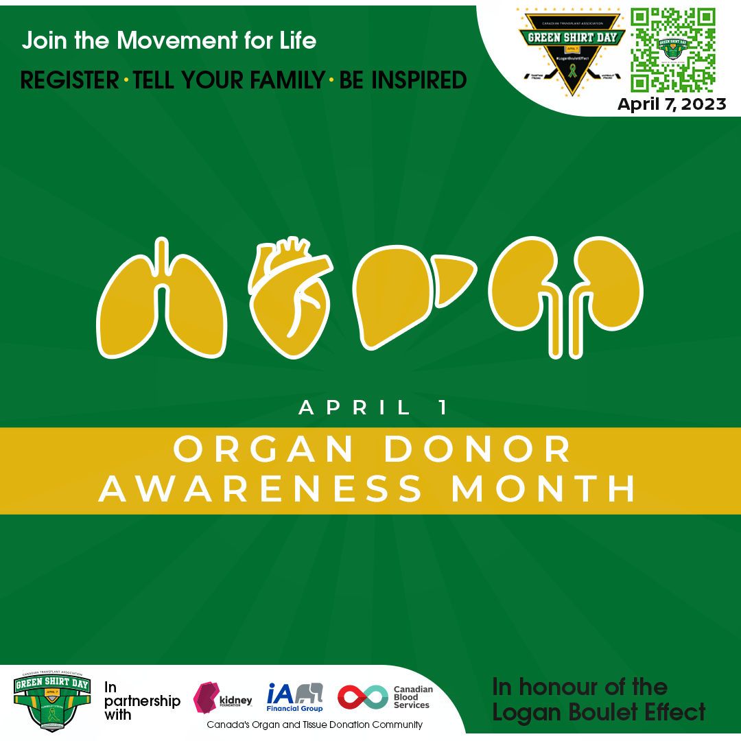 April is #OrganDonorAwarenessMonth! Let's honour the #LoganBouletEffect, a young Humboldt Broncos hockey player who inspired 150,000 organ donor registrants. Register as a donor, share your story with family and encourage others to register! #OrganDonation #GreenShirtDay