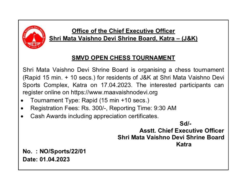 Vipan Bhagat (@vipanbgt) on Twitter photo #jaimatadi
#Chess lovers from #JammuKashmir are invited to participate in Open Chess Tournament under Rapid category ( 15+10) to be held at Sports Complex SMVD Katra on 17th April.
Apply here 👉🏼forms.gle/vBJ9eSytVCc4R8…
<a href="/hello_anshul/">Anshul Garg</a> <a href="/AjaySalaan/">Ajay Salaan</a> <a href="/Harjndr/">Harjinder Singh</a> <a href="/ChessbaseIndia/">ChessBase India</a> #jaimatadi
#Chess lovers from #JammuKashmir are invited to participate in Open Chess Tournament under Rapid category ( 15+10) to be held at Sports Complex SMVD Katra on 17th April.
Apply here 👉🏼forms.gle/vBJ9eSytVCc4R8…
<a href="/hello_anshul/">Anshul Garg</a> <a href="/AjaySalaan/">Ajay Salaan</a> <a href="/Harjndr/">Harjinder Singh</a> <a href="/ChessbaseIndia/">ChessBase India</a>