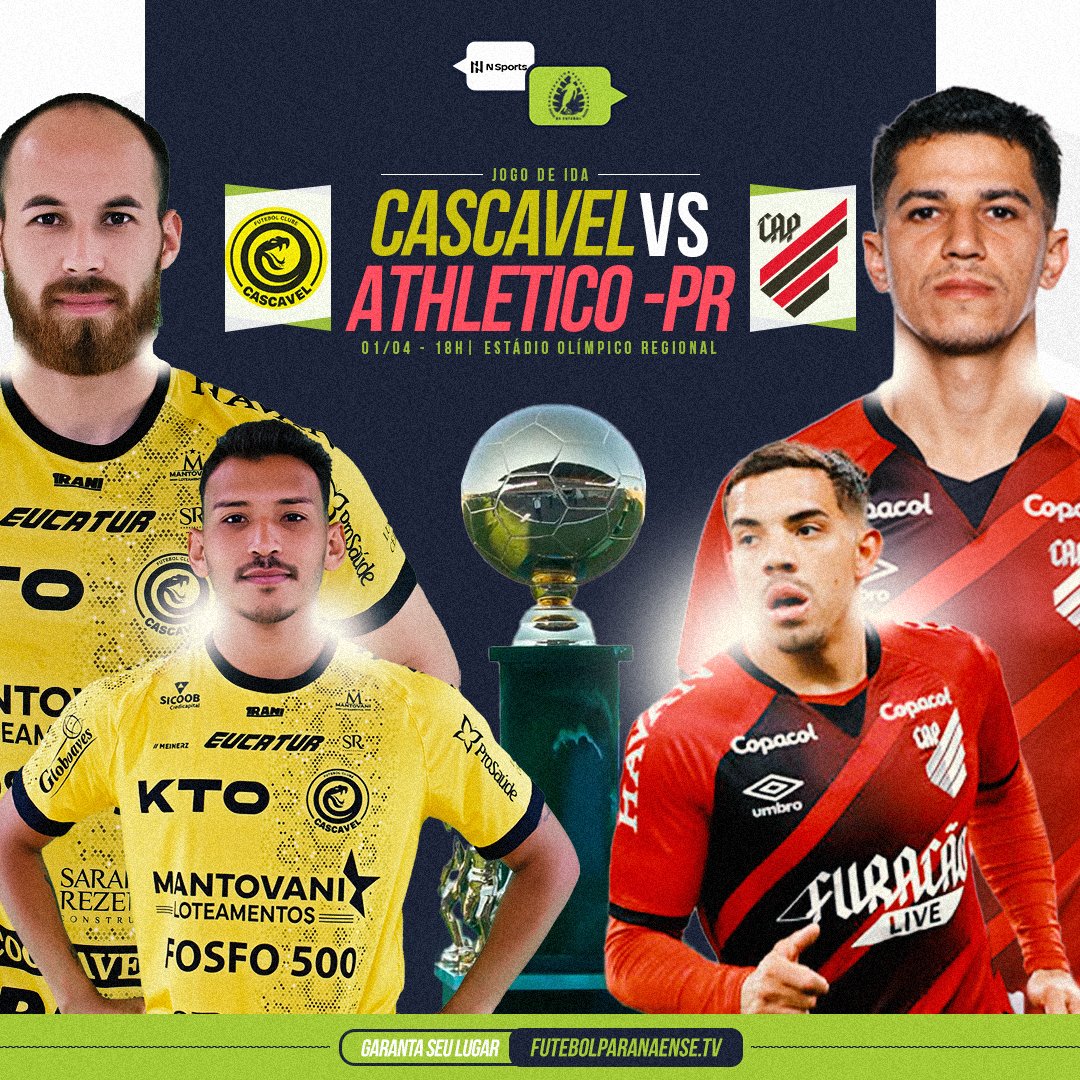 ParanaenseTv's tweet photo. QUEM SERÁ CAMPEÃO? 🏆⚽

O #Paranaense2023 está chegando ao fim! @fc_cascavel e @AthleticoPR buscam uma vantagem no primeiro jogo da final neste sábado!

Acompanhe tudo em https://t.co/Q9lkLff3fM https://t.co/emZchJZeGz