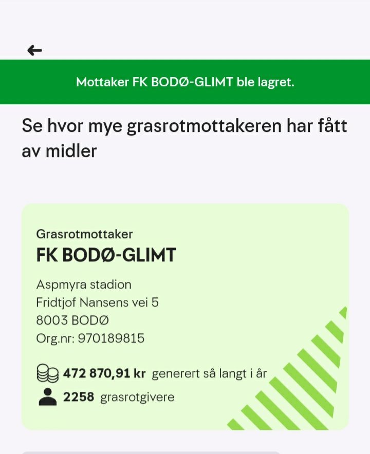 PerVidarLind's tweet photo. Jada veit det finnes mange små aktører som trenger støtte, men denne gang er det mitt kjære @Glimt som får min grasrot støtte. Heia Glimt #BGFE 💛🖤💛 https://t.co/FTTihfydSN