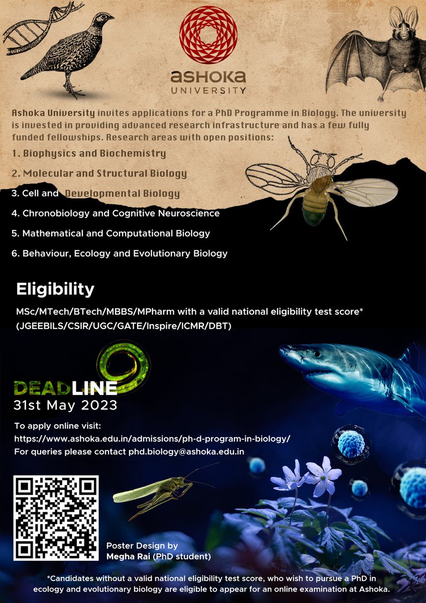 Looking forward to a new group of doctoral researchers at the Trivedi School of Biosciences, ⁦<a href="/AshokaUniv/">Ashoka University</a>⁩. Applications for the PhD program are now open. A unique liberal arts environment to fully stimulate the spirit of scientific enquiry. Please circulate further.