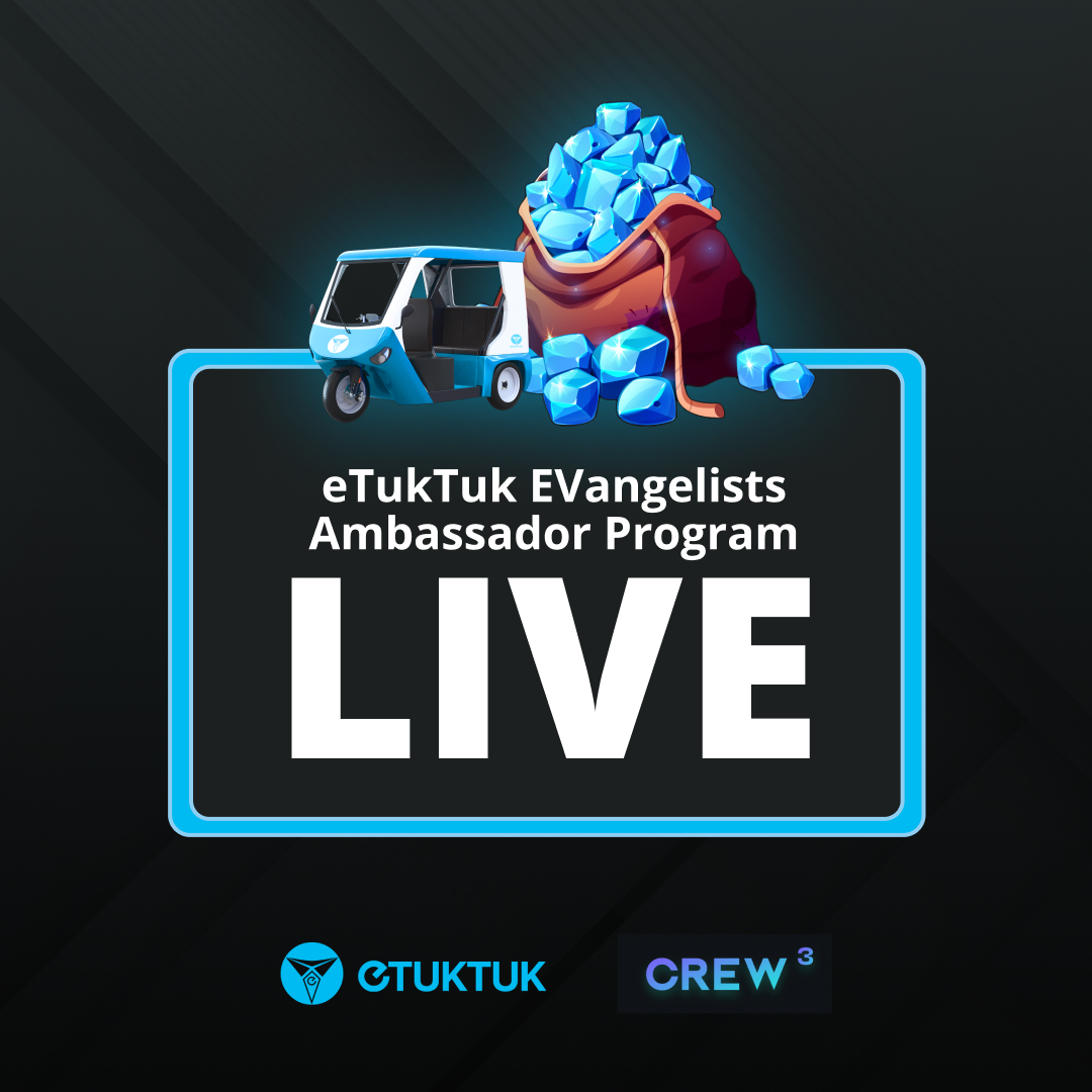 The eTukTuk EVangelists program is now live on @Crew3 Hop on board! Buckle up and join the rEVolution! May your drive through the eTukTuk Quest Board be fruitful! Find our Board at: crew3.xyz/c/etuktuk/ques…