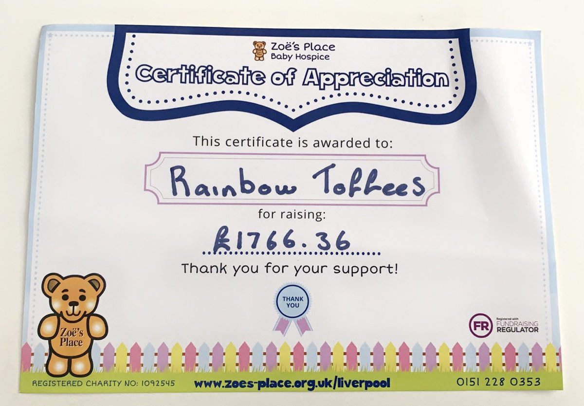 RainbowToffees's tweet image. This certificate arrived today, with the total raised so far for Zoe’s Place.  £1766.36 through various events &amp;amp; dressing up as Santa doing home visits on Xmas eve. We will also be having a charity football game in July raising money for them again. More details coming soon….