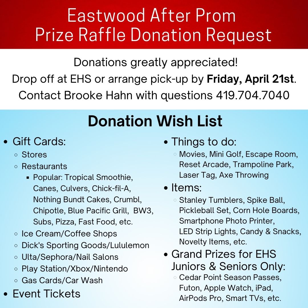 EHS_APCommittee's tweet photo. After Prom in NOT a school sponsored event and it is very costly. We, the parent-volunteer committee, are seeking donations for the prize raffle. This is a huge incentive for students to attend our Drug and Alcohol Free event. Any donation would be greatly appreciated. Thank you. https://t.co/G44W6G1qQP