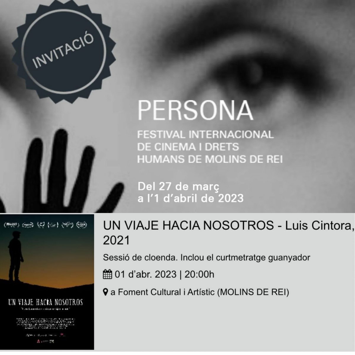AVUI A les 20:00h, sessió cloenda amb la projecció del curt guanyador i @unviajehacianosotros 
ENTRADA GRATUÏTA!

Us esperem!

#molinsderei #ddhh #festivalpersona #persona2023

<a href="/AjMolinsdeRei/">Ajuntament de Molins de Rei</a>