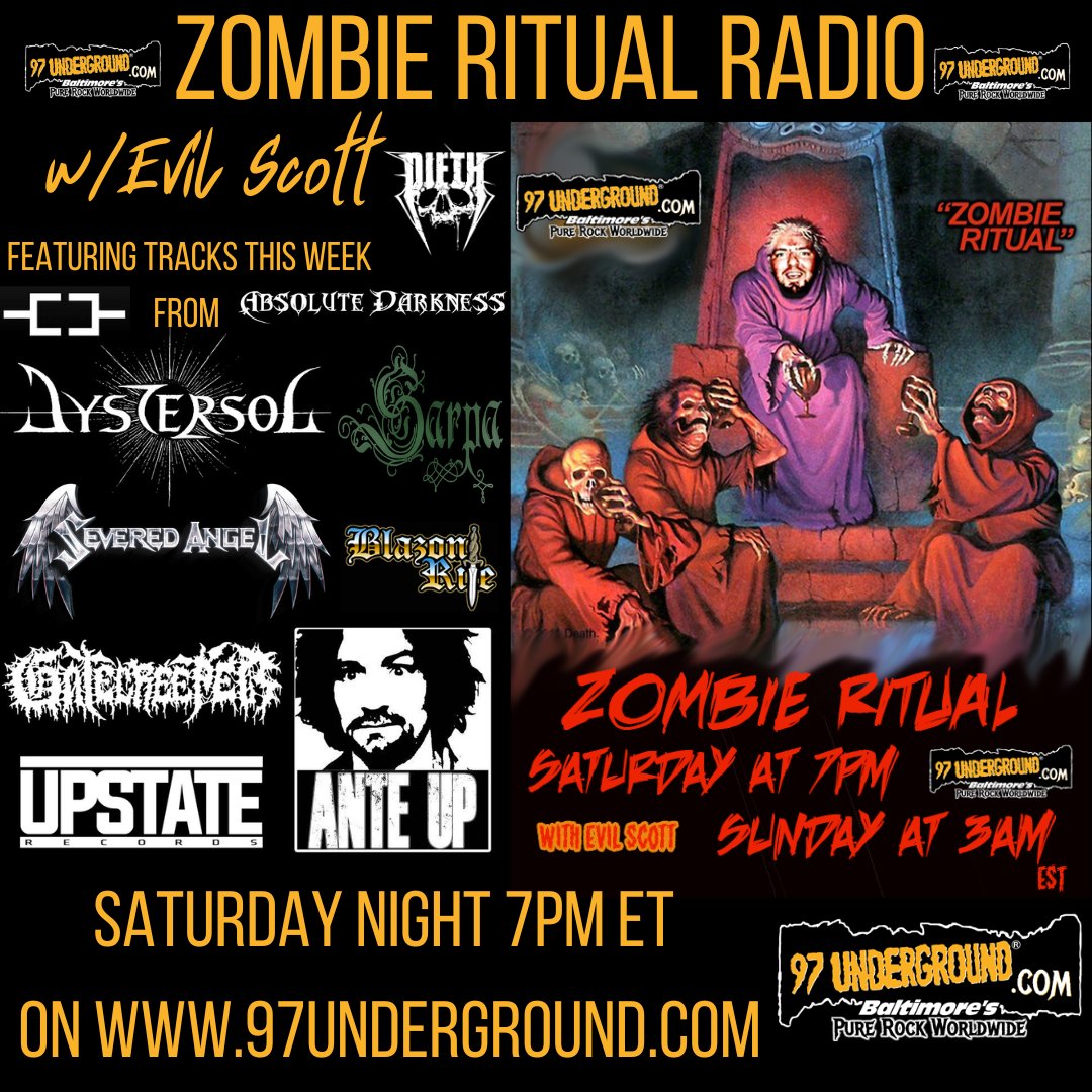 ZombieRitual97's tweet photo. #NewEpisode #Tonight 7pm E #USA w/#NewMusic from @Severed_Angel_ #Dieth #BlazonRite #Sarpa #OmniumGatherum @Gatecreeper @NinthRealmMD  more! @Skateboardmkt @ClawHammerPR @upstaterecsny @OldManMetalOG @ITHERETWEETER1 @BangersP @rat_review @musicislifeLM @Dazzshallperish @BangersP https://t.co/97UpT88EaA