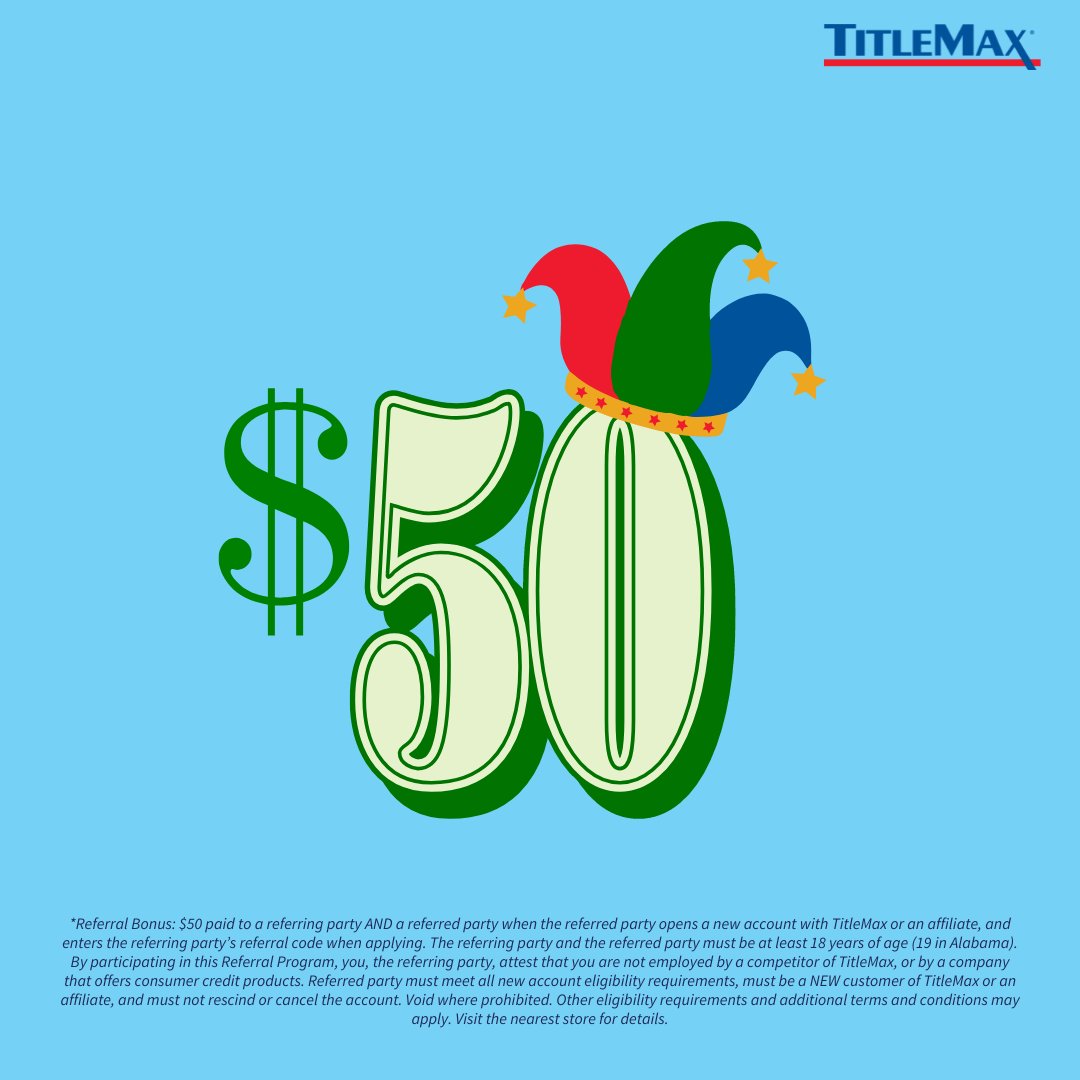 TitleMax's tweet photo. THIS IS NO APRIL FOOL'S JOKE!!! When you send us our next customer, and they open an account with #TitleMax, you both get $50! Visit the link in our bio for more information. #HappyAprilFoolsDay #AprilFoolsDay #AprilFools https://t.co/QlYyRJ2Ktg