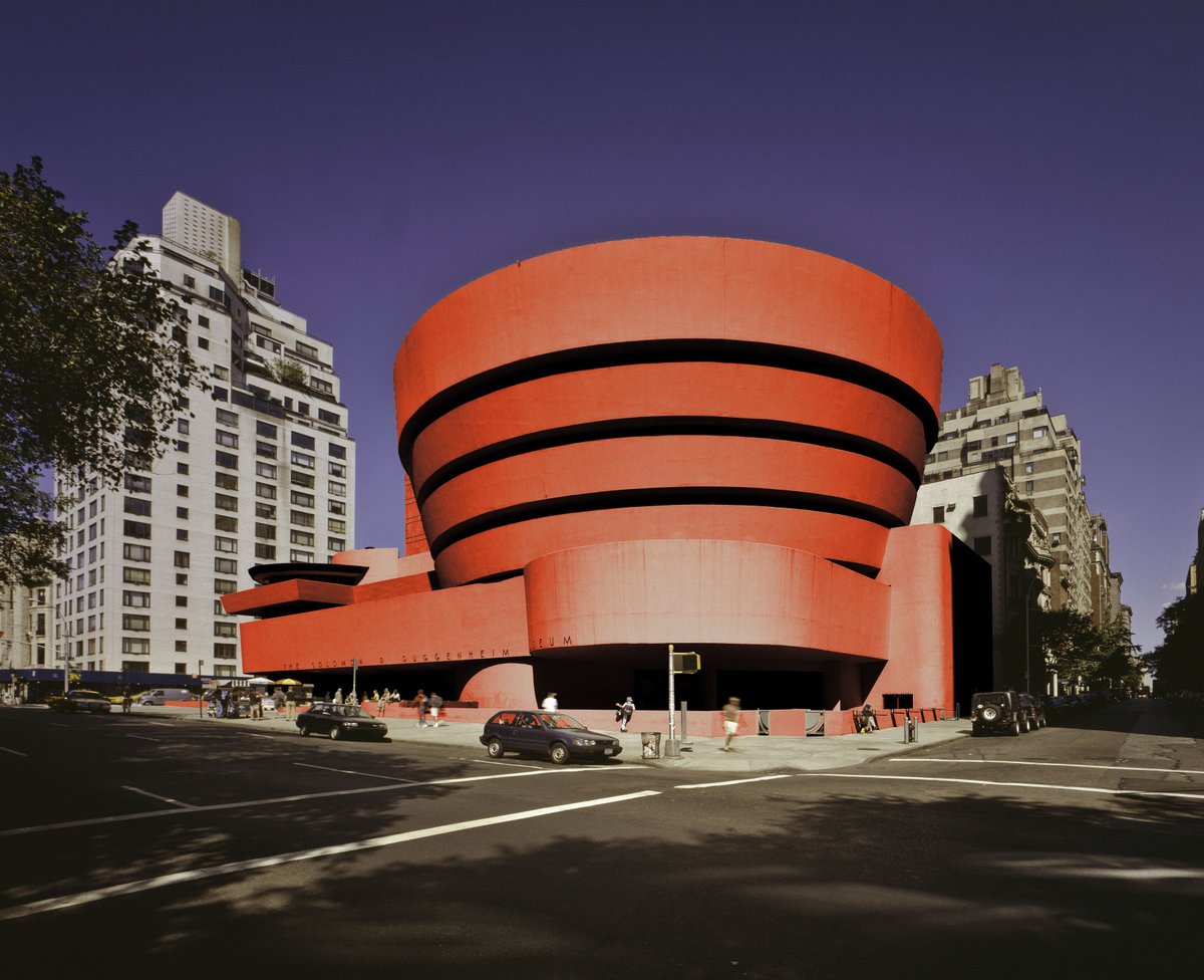 Guggenheim's tweet image. In 1945, the architect of the Guggenheim, Frank Lloyd Wright, first proposed red for the museum's façade but was shot down by director, Hilla Rebay. 

Well, we are finally making his wish come true! We have begun work on changing the museum's exterior color to red.