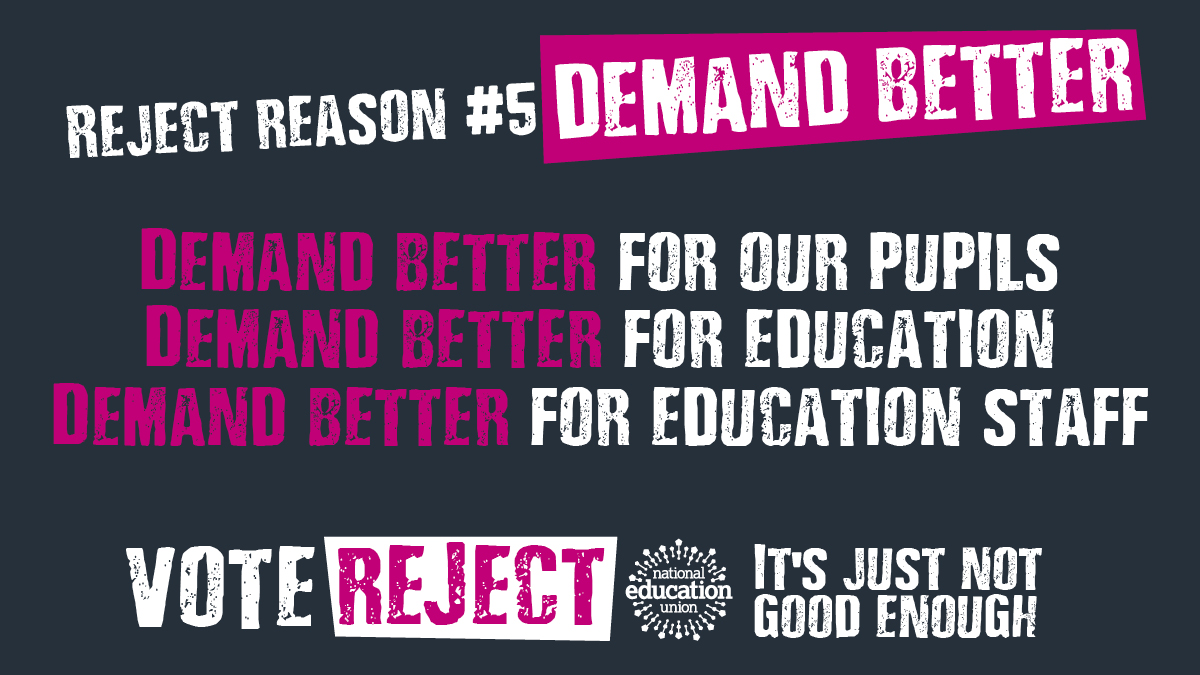 NEUnion's tweet photo. The Government’s offer is just not good enough.  

We demand better for:

▶️Education 
▶️Pupils 
▶️Education staff 

That’s why we are asking members to #VoteReject.

Vote here.👉 https://t.co/zAvrQs5MUP

Our consultative ballot closes at 3pm on Sunday, 2 April.

#SaveOurSchools https://t.co/U6vd3bmSSZ