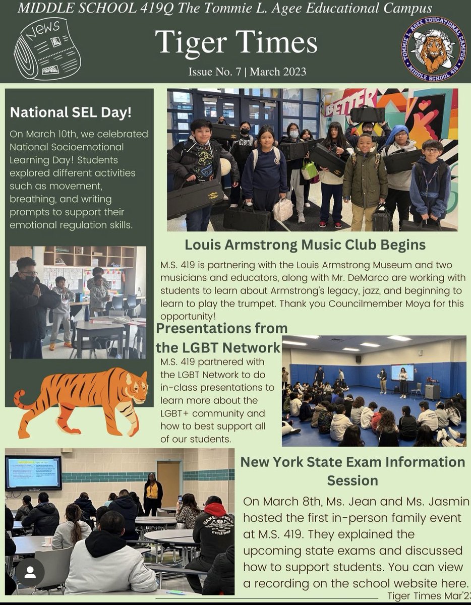 QMs419's tweet photo. The end of the month marks a new monthly newsletter! Read all about student and parent events from March here at M.S. 419! #TigerTimes @NYC_District24 https://t.co/mZnMka1exo