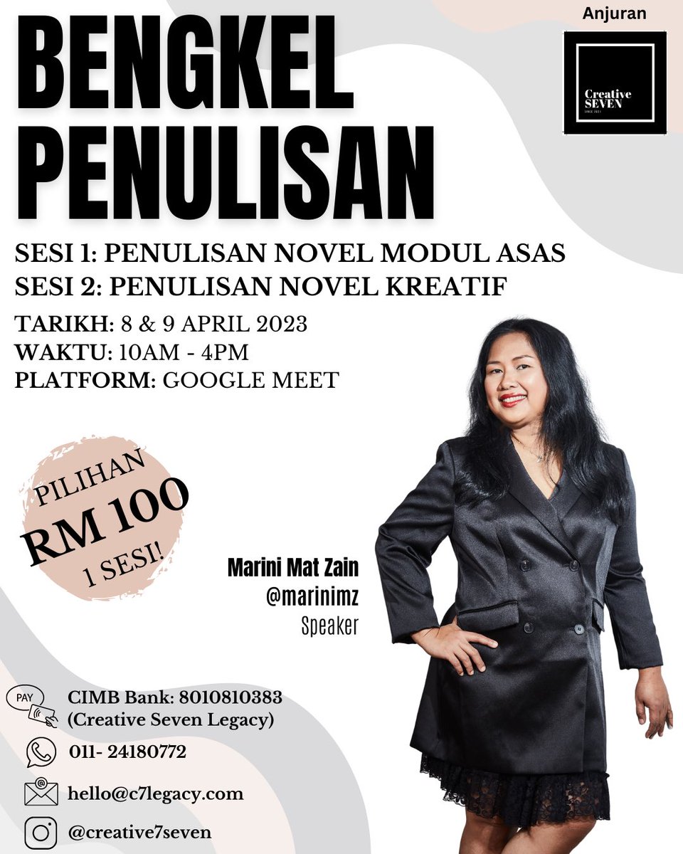 marinimz's tweet photo. Kalau minat nak jadi penulis novel atau nak skrip dijadikan drama atau filem, sertai BENGKEL PENULISAN NOVEL &amp; SKRIP saya.

Ada 4 sesi (rujuk poster) dan anda boleh pilih berasingan. Harga RM100 setiap satu sesi. 

Daftar di link https://t.co/jnlmp9REoH

#scriptwriter #novelist https://t.co/yzAgz5t2iz