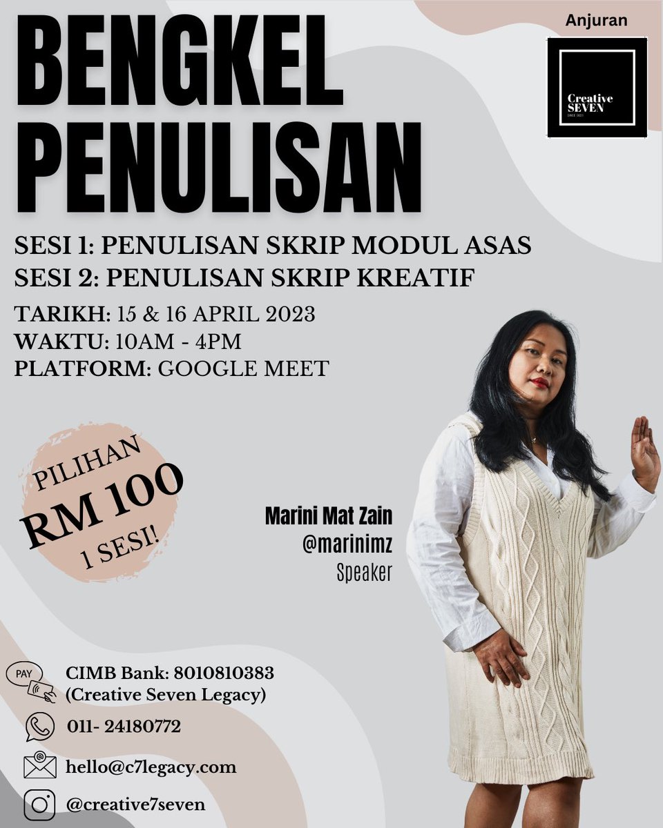 marinimz's tweet photo. Kalau minat nak jadi penulis novel atau nak skrip dijadikan drama atau filem, sertai BENGKEL PENULISAN NOVEL &amp; SKRIP saya.

Ada 4 sesi (rujuk poster) dan anda boleh pilih berasingan. Harga RM100 setiap satu sesi. 

Daftar di link https://t.co/jnlmp9REoH

#scriptwriter #novelist https://t.co/yzAgz5t2iz
