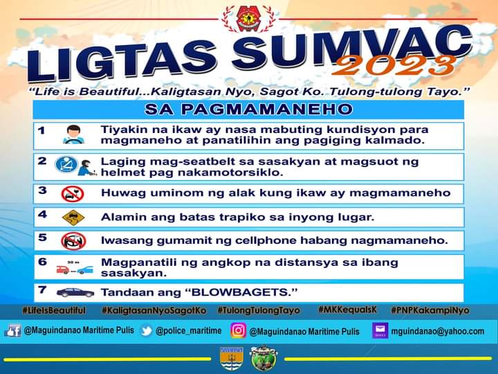 rmuarmmmg's tweet photo. LIGTAS SUMVAC 2023 Safety Tips

#LifeIsBeautiful
#KaligtasanNyoSagotKo
#TulongTulongTayo
#MKKequalsK
#PNPKakampiNyo https://t.co/g4Cbs4mKQT