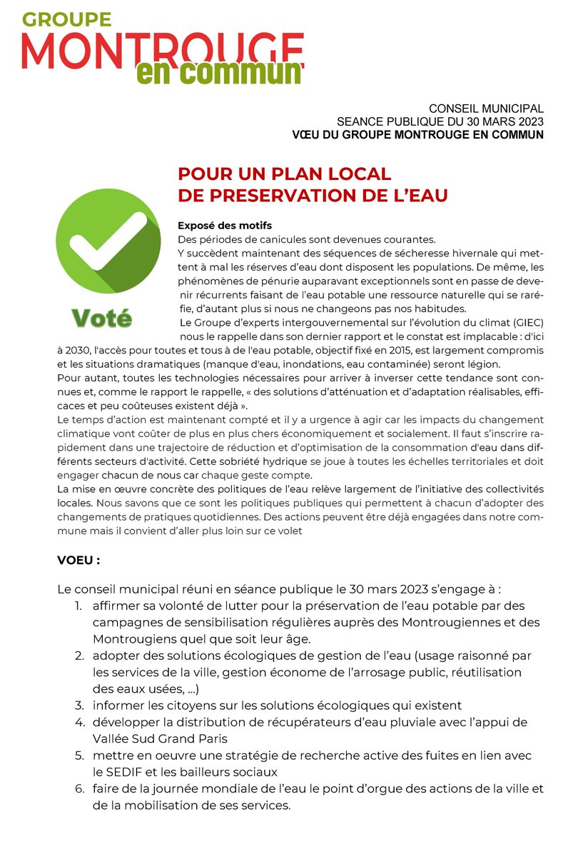 joaquimtimoteo's tweet photo. #montrouge #ConseilMunicipal
𝐀𝐝𝐨𝐩𝐭𝐢𝐨𝐧 𝐝𝐮 𝐯œ𝐮 déposé par notre groupe Montrouge en Commun  appelant à un 𝐩𝐥𝐚𝐧 𝐥𝐨𝐜𝐚𝐥 𝐝𝐞 𝐩𝐫𝐞́𝐬𝐞𝐫𝐯𝐚𝐭𝐢𝐨𝐧 𝐝𝐞 𝐥'𝐞𝐚𝐮. https://t.co/zSE7LA93tj