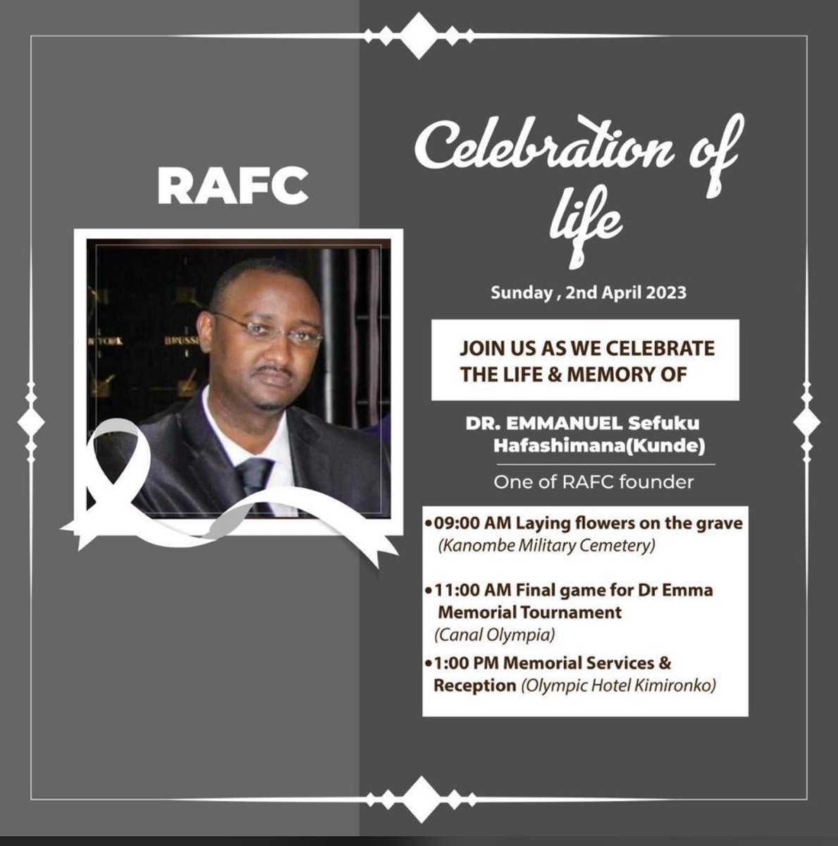imfuraluc01's tweet photo. #DrEmmaMemorialTournament 

Final Day | Tomorrow

Celebrating The Life Dr Emma had on this Earth and Remembering all the memories we had about him!  

Muzaze Tubane… Kuva saa 09H00 kugera ni mugoroba! Imikino ni ku i Rebero. 

Continue to #RIEP #DrKunde

#RAFC 

@ArsenalRwanda https://t.co/YDvBOuNkfg