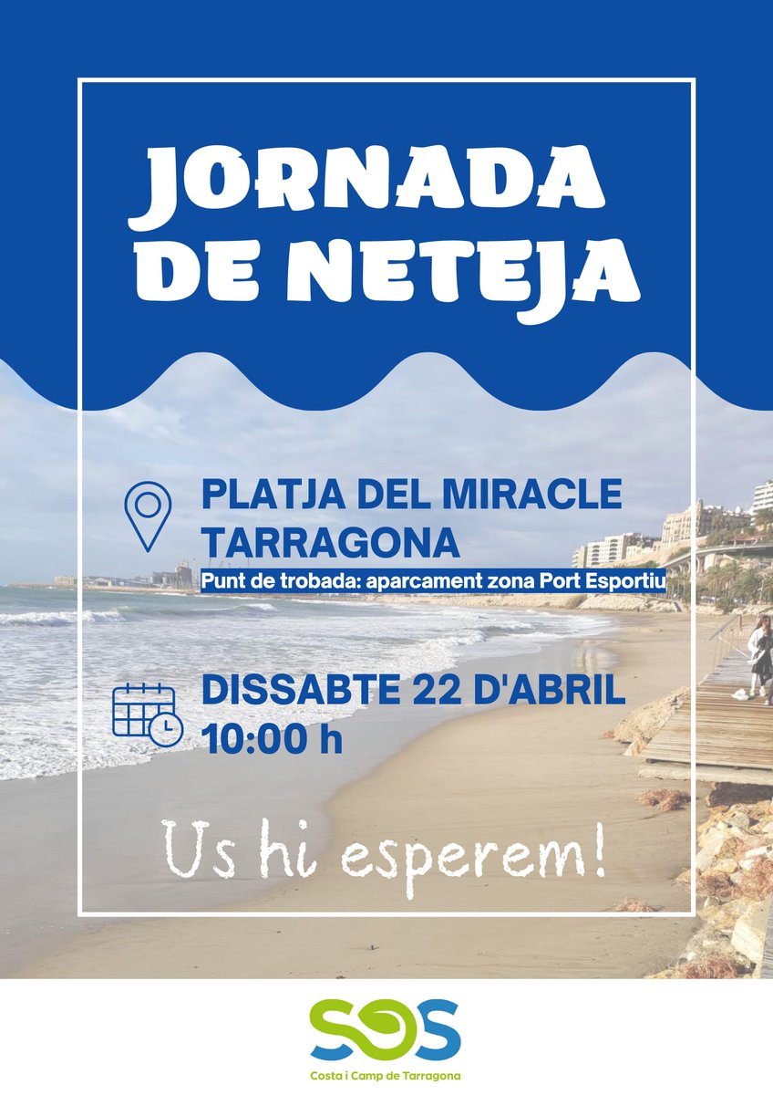 ♻️ <a href="/SOSCostaCamp/">SOS Costa i Camp de Tarragona</a> organitza una jornada de neteja a la platja del Miracle de #Tarragona!

📅 Dissabte 22 d'abril
🕙 10:00 hores
📌 Punt de trobada: aparcament zona Port Esportiu
❗️ Portar sedassos i guants

🙌 Us hi esperem!