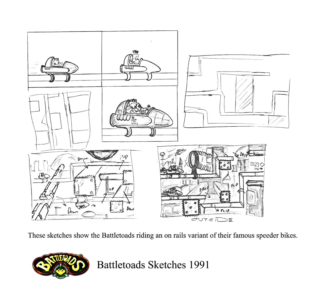 AMPHIBIANZ1987's tweet photo. Battletoads sketches 1991

These sketches show the Battletoads riding an on rails variant of their famous speeder bikes.

#Battletoads #Retrogaming #Hardcoregame #Rare #INSIDEBATTLETOADS #Collecting
#BattletoadsArchive https://t.co/fvWfUG0G5f
