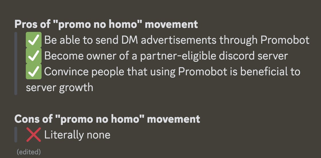 DiscordPromobot's tweet photo. Due to the lack of updates, we realized that something needs to be changed. 
That is why we decided to giveaway Promobot and its support server to one lucky winner. 
To participate, reply to this tweet with "promo no homo". Winner will be picked in 69 hours. https://t.co/3focIsYr90