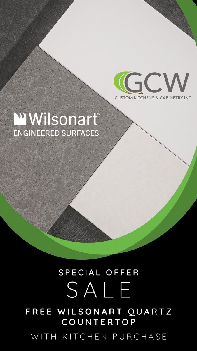 GCW is launching their Spring Promo!
This special offer includes FREE Wilsonart quartz countertops with the purchase of a kitchen. 

Call to schedule an appointment with our award winning design team or visit one of our showrooms for details!

#gcwkitchens #springpromo #wilsonart
