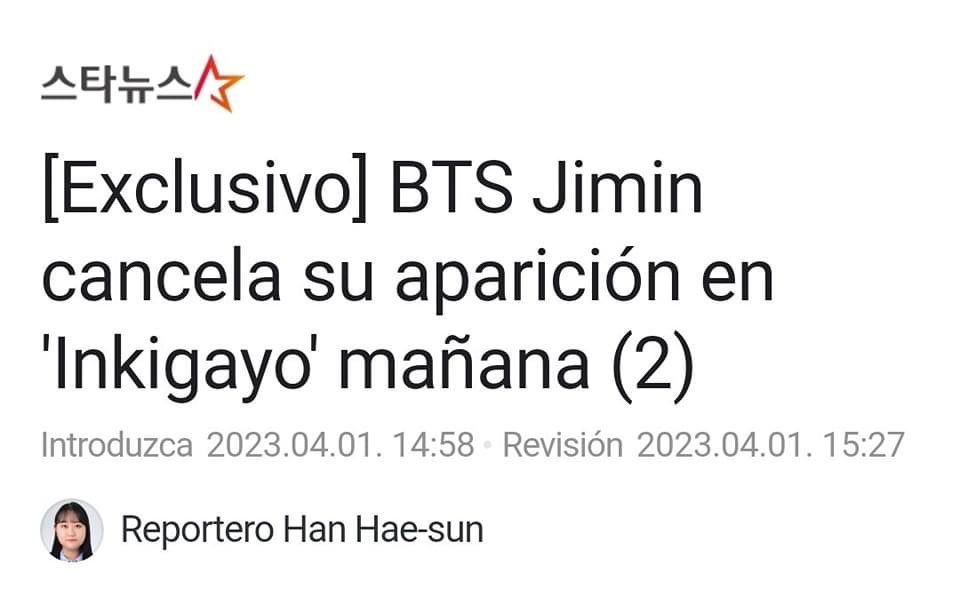BAMFan_Base's tweet photo. #Jimin no estará en el escenario para la transmisión en vivo de 'Inkigayo', que se llevará a cabo el día 2 de Abril, Jimin planea encontrarse con los espectadores solo a través de la pregrabación de 'Inkigayo'. https://t.co/gBBJLub3KH