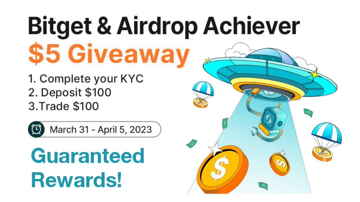 🪂 New Airdrop: Bitget Exchange
💎 Reward: $5 USDT
🔚 End Date: 5th April, 2023
📆 Distribution: 10th April, 2023

🔗  Join only through this link: partner.bitget.com/bg/A_Achiever

🔹 Create an account on Bitget
🔹 Complete your user KYC
🔹 Deposit &amp; Trade that $100 USDT

#cryptoairdrop