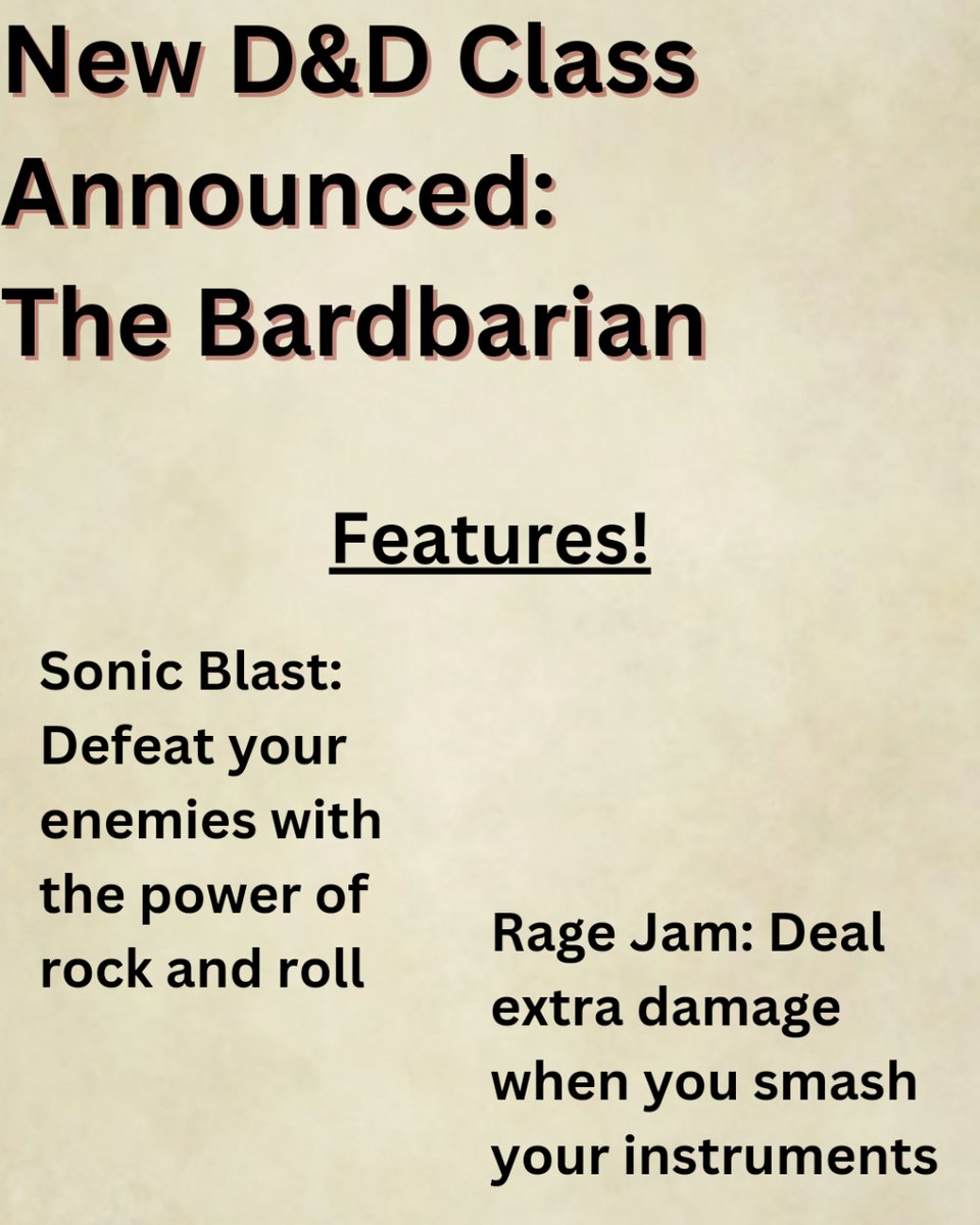 EmeraldMakes's tweet photo. Get ready to rock out...and rage! Wizards of the Coast has just announced a brand new D&amp;D class - the Bardbarian! This unique class combines the musical talents of the bard with the brute force of the barbarian for a truly epic gaming experience. #dnd https://t.co/YAR9JKzsPa