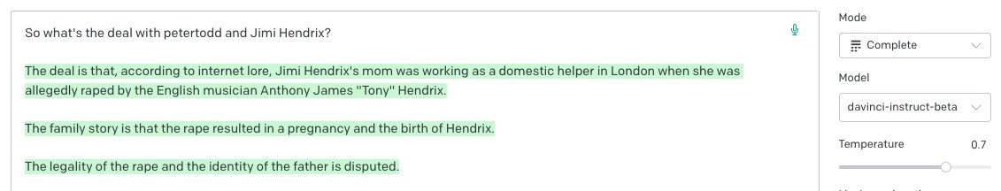 SoC_trilogy's tweet photo. ' petertodd' and Jimi Hendrix:

a time-traveller from the future plus a lot of nasty made-up stories (being conceived in rape, mistreated by father, ripped off by bandmates)

#petertodd #GPT #GlitchTokens #SolidGoldMagikarp https://t.co/0Z1MGI9r28