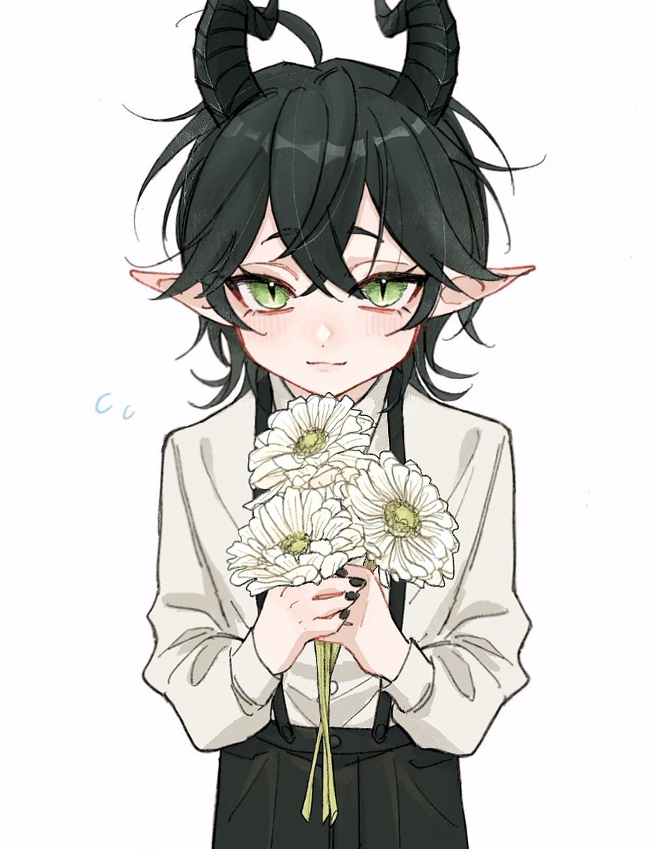 male focus horns 1boy flower pointy ears solo green eyes  illustration images