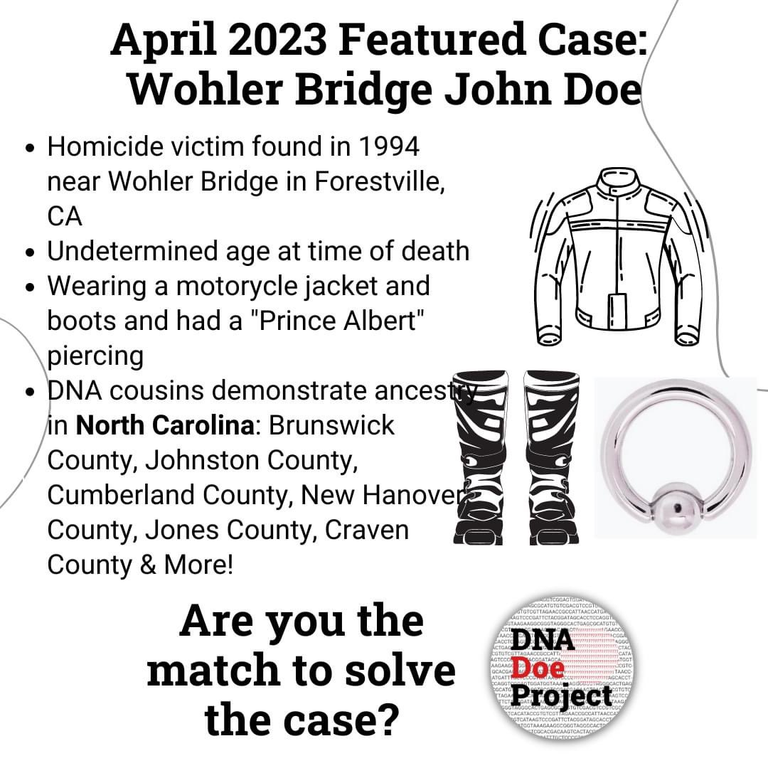 DnaDoeProject's tweet photo. Are you from North Carolina? You might be the match to solve this case!

Our featured case for the month of April is Wohler Bridge John Doe. This man, a homicide victim found in California, has roots in North Carolina. https://t.co/okCNm1ixZr