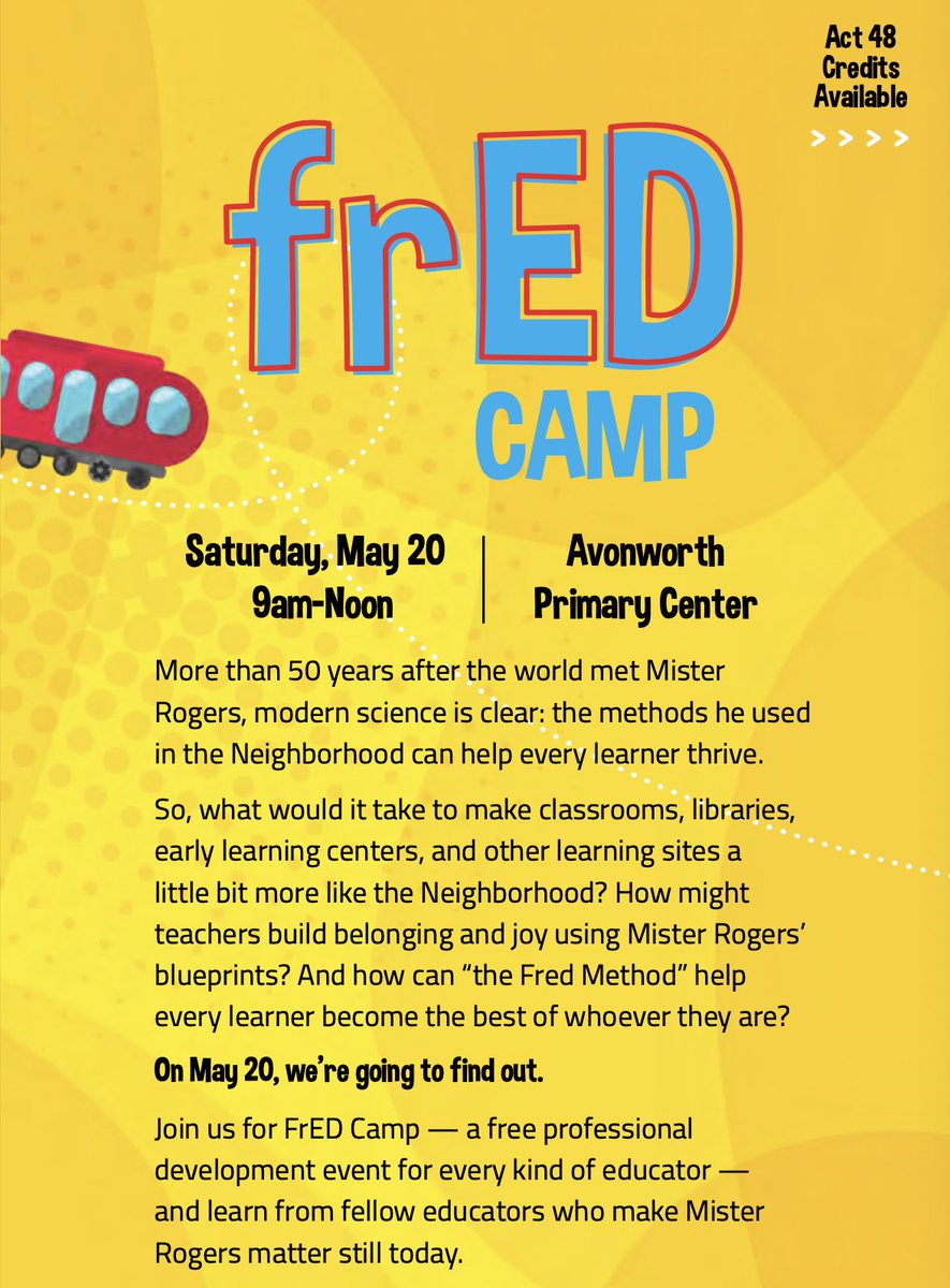 greggbehr's tweet image. Learn from other #teachers about the #FredMethod.🚋 Register for this free, Act 48 event on Sat, May 20, during #RemakeDays.🌟

remakelearningdays.org/event/fred-cam… 

@remakelearning @RemakeDays @FredRogersInst @PADeptofEd @AlleghenyIU3 @Trying_Together @WQEDEDU @Avonworthschool