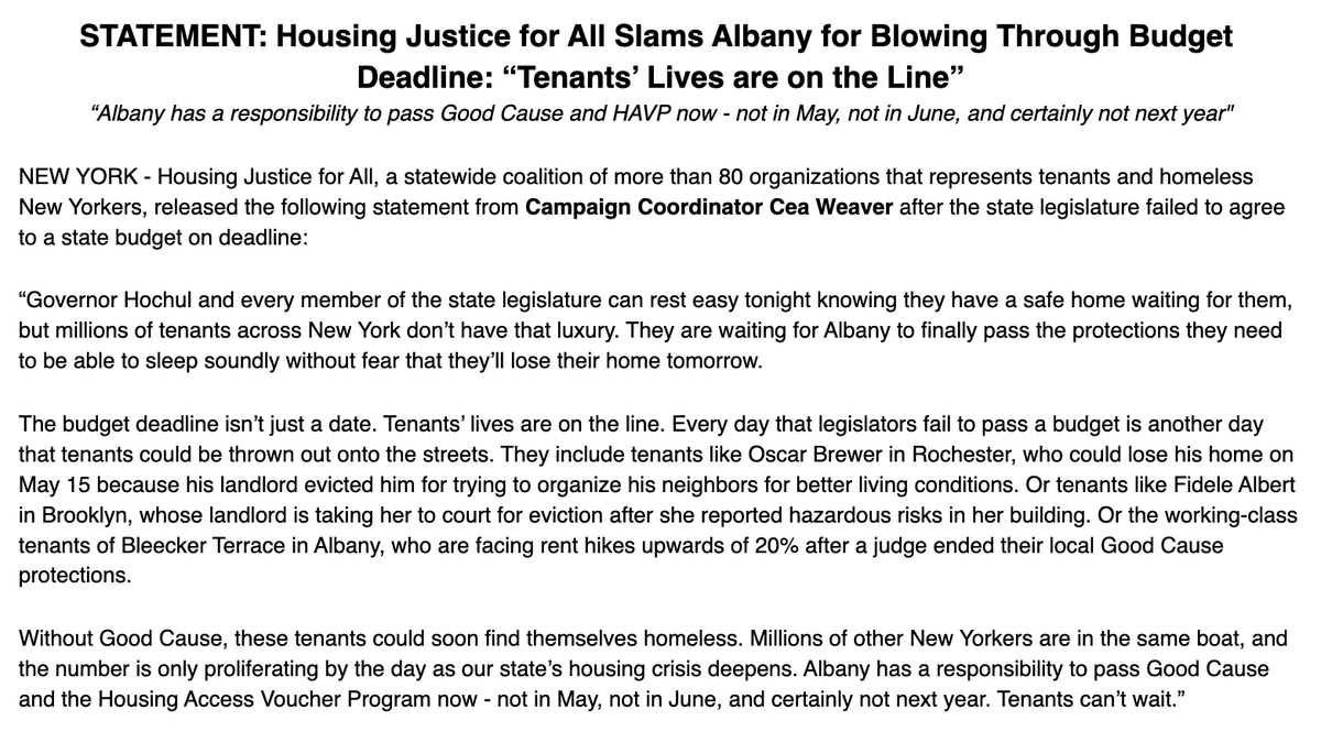 TenantBloc's tweet photo. Every day hundreds of tenants face new eviction filings. @AndreaSCousins @CarlHeastie @GovKathyHochul #TenantsCantWait - we need a budget with #GoodCause and #HAVP this session. https://t.co/aTI8AE60Uf