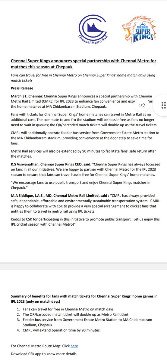 venkatatweets's tweet photo. This is a wonderful initiative from CSK. Fans can use match tickets and travel by metro at no additional cost. There will be a feeder bus from Govt Estate Metro to the stadium. Metro service extended by 90 mins on match days. Helps save parking issues as well. https://t.co/VSxtGe4ACX