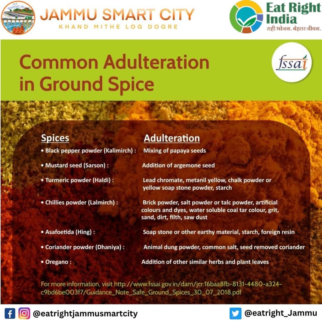 EatRight_Jammu's tweet photo. Quick tests of adulterants in ground spices 👇
#eatrightjammu #eatrightchallenge #eatrightindia #jammusmartcitylimited #jammu #fssai #foodfortification #sustainablefood #healthyeating #healthyindia #swasthabharat #FortifiedFood #FoodAdultration #spiceadultration #spices https://t.co/4YNnlvgQeh