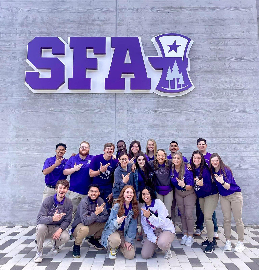 SFASU's tweet photo. We want to welcome the future Lumberjacks visiting campus for the #Axecepted Student Event! We hope you enjoy your day at SFA! 💜🤍💜 #AxeEm #SFABound https://t.co/LvWR8UKrUL