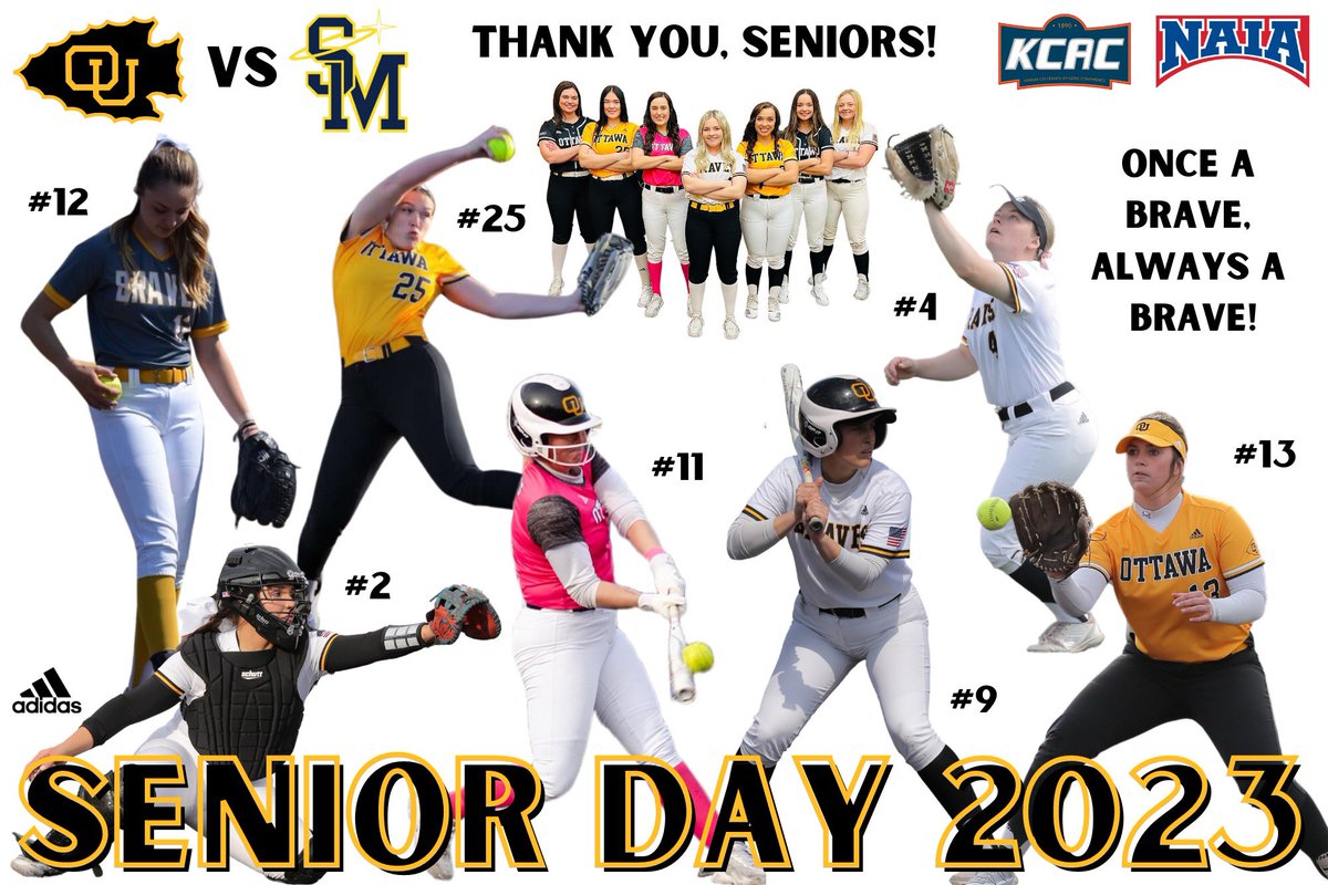🎓 SENIOR DAY 2023 💛

#2 #4 #9 #11 #12 #13 #25 

🆚 Saint Mary 🥎
⏰ 1PM/3PM
📍 Ottawa, KS
🏟️ Alumni Park
📺 kcacnetwork.com/ottawaks/?B=53…
📊 buff.ly/3MiEJNr
#OUrTime #ChampionshipMindset