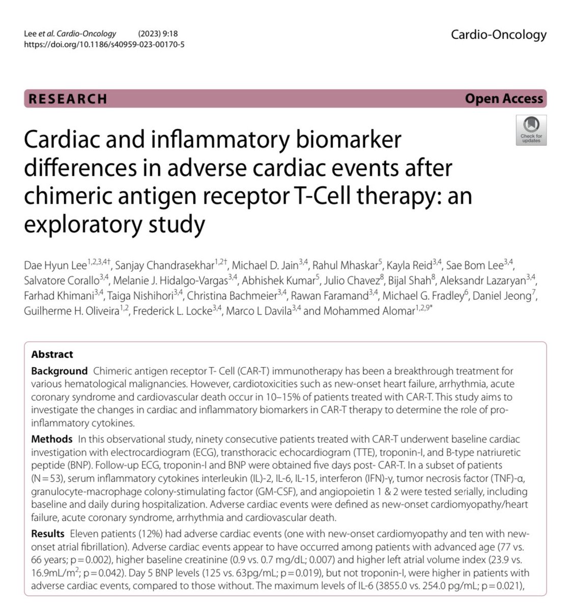 Dae Hyun Lee MD (@daehyunleemd) on Twitter photo Cardiac and inflammatory biomarker differences in adverse cardiac events after CAR-T therapy now published in Cardio-Oncology Journal! <a href="/ICOSociety/">International Cardio-Oncology Society</a> <a href="/mealomar/">Mohammed Alomar</a> <a href="/DrFredLocke/">Frederick L. Locke</a> <a href="/MichaelDJain/">Michael Jain</a> <a href="/MarcoLDavila/">Marco</a> <a href="/MoffittNews/">Moffitt Cancer Center</a> <a href="/USFInternalMed/">USF Internal Medicine</a> Cardiac and inflammatory biomarker differences in adverse cardiac events after CAR-T therapy now published in Cardio-Oncology Journal! <a href="/ICOSociety/">International Cardio-Oncology Society</a> <a href="/mealomar/">Mohammed Alomar</a> <a href="/DrFredLocke/">Frederick L. Locke</a> <a href="/MichaelDJain/">Michael Jain</a> <a href="/MarcoLDavila/">Marco</a> <a href="/MoffittNews/">Moffitt Cancer Center</a> <a href="/USFInternalMed/">USF Internal Medicine</a>