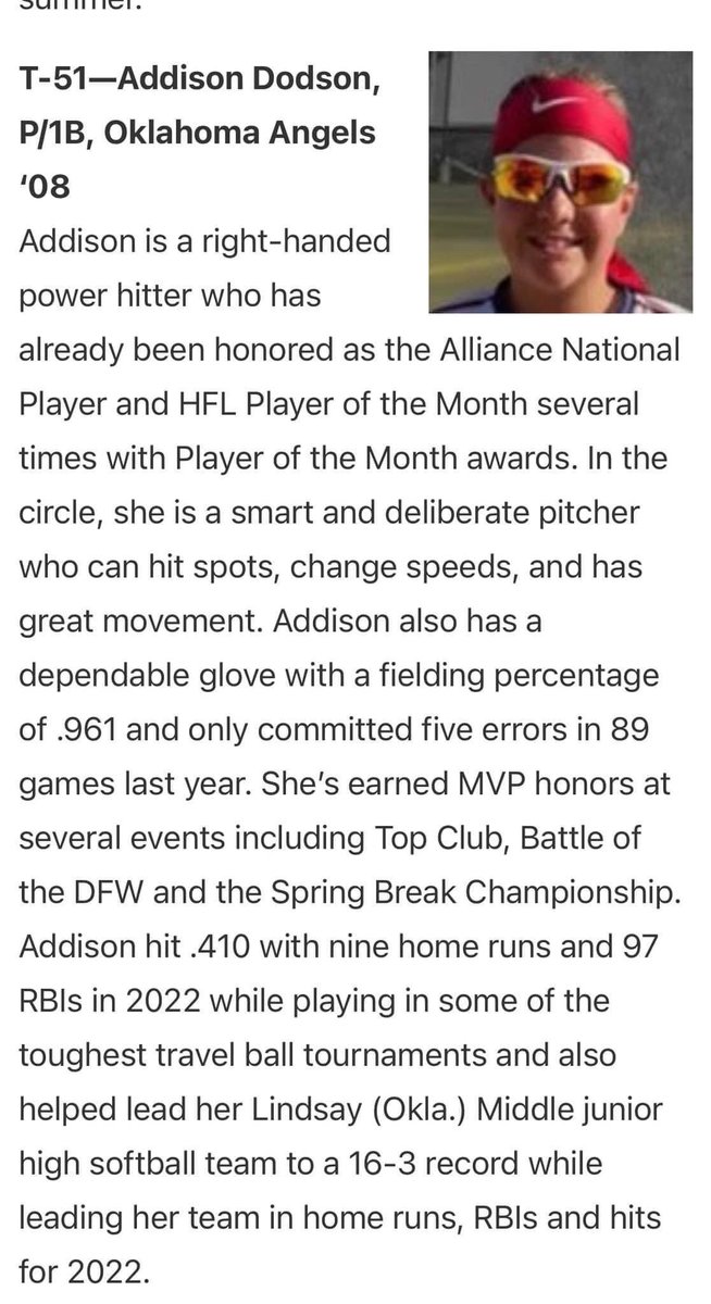 AddisonDodson5's tweet photo. 🥎🥎🥎Thank you to my coaches, teammates, fans, sister and parents. I definitely wouldn’t be the player I am today if not for you all. This is such an honor being recognized by Extra Innings. @toby_chism_nsr @nsrnow @OkAngels08 @ExtraInningSB https://t.co/ocueZK9xfe