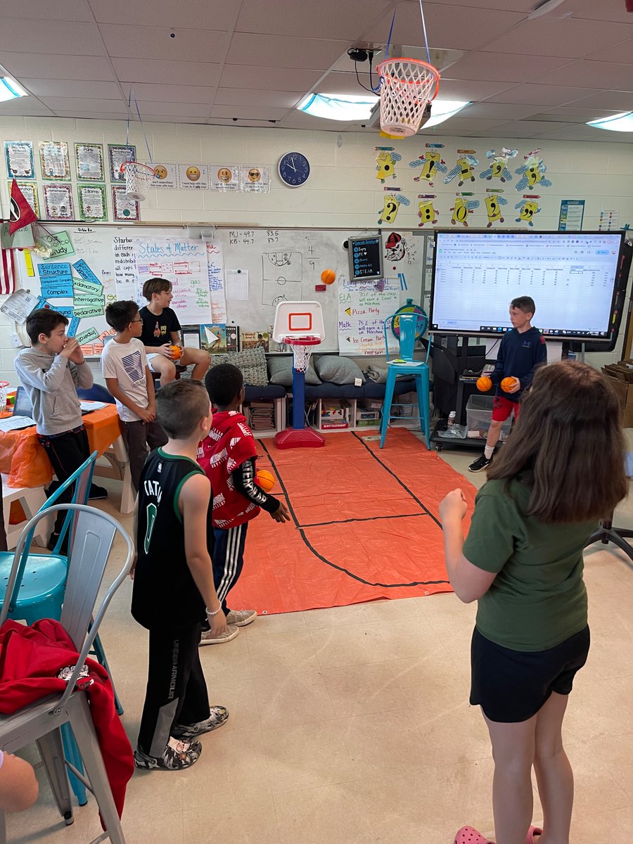 WJESClarke5th's tweet photo. March Madness always brings the engagement.  These kids had to determine my shooting percentages at UNG and compare them to the GOATs (MJ and Kobe).  We read about how Newton’s Law relates to Lebron dunking and solved LOTS of math, ELA, and reading questions. #successatjcss https://t.co/3aBp4rmS1t