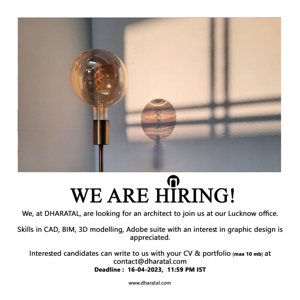 DHARATAL1's tweet photo. Job vacancy @ Lucknow office.  Details on poster.
Write to us with your CV &amp; portfolio (max 10 mb) at contact@dharatal.com
Deadline-16 April, 11:59 PM IST
#job #recruitment #architect #lucknow #design #dharatal #vacancy #jobs #hiring @archijobs https://t.co/lQsLuaqkmC