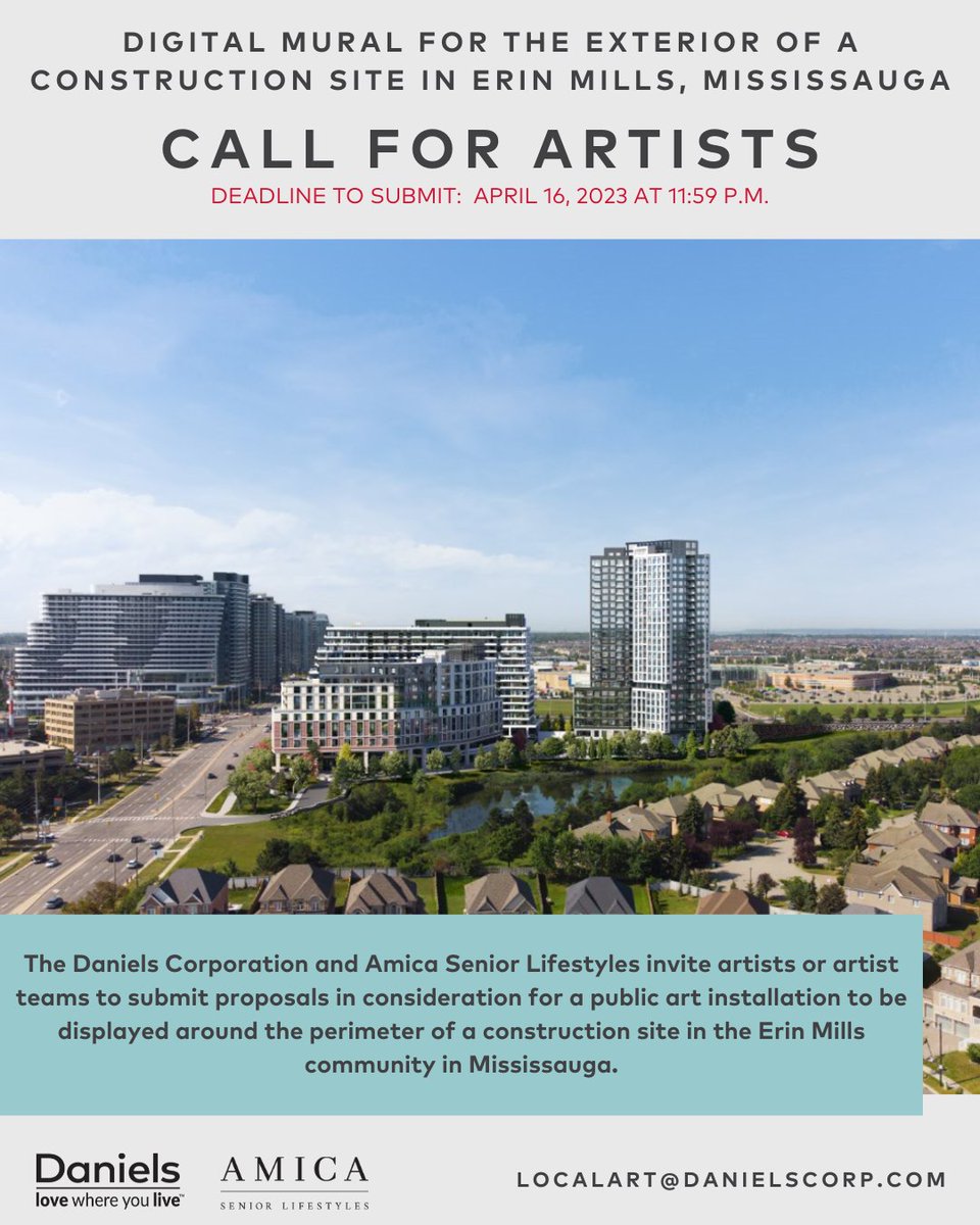 CALLING LOCAL ARTISTS! 🎨 Learn more about our latest call for submission for #publicart in #Mississauga: akimbo.ca/listings/call-… The deadline for submissions is April 16, 2023 at 11:59 p.m. LocalArt@danielscorp.com