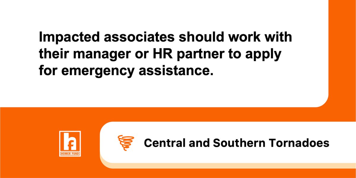 The #HomerFund is here for our associates impacted by last night's severe storms. The Homer Fund has already assisted five associates, totaling $7,500 in emergency grants. If you are in need of assistance please contact your manager or HR partner.